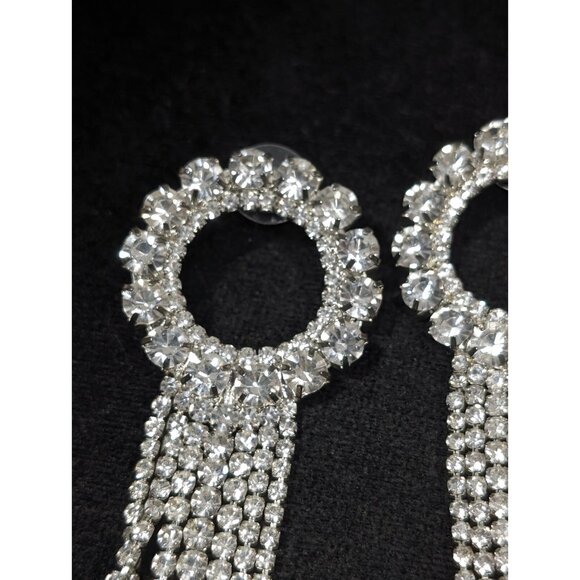 Retro Clear Rhinestone Large Circle Fringe Tassel  Long Statement Earrings Runwa - Picture 4 of 9
